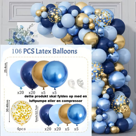 Den helt store fest pakke med 106 stk. Marineblå Lyseblå Metallic Gylden Blå Ballonbue Kit