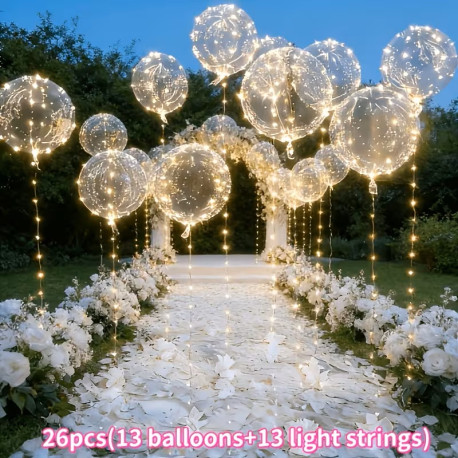 26 stk. sæt (13 stk. balloner og 13 stk. lyskæde) transparente Bobo festballoner med LED-lys