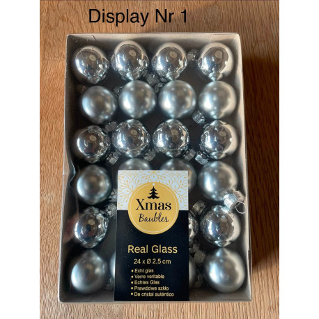 1 Display med 24 stk julekugler til Deco Ø 2,5 cm i Glas i 4 farver