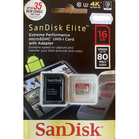 SanDisk Elite Extreme MicroSDHC 16.GB Card med Adaptor