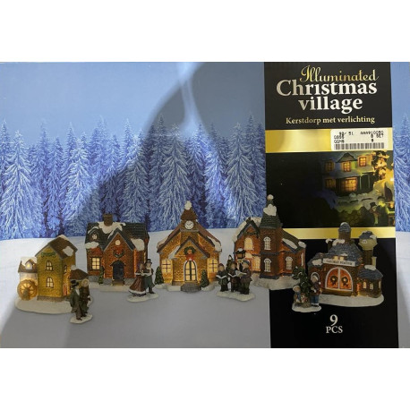 Huminated Christmas Village med LED lys 220.V & 9 dele